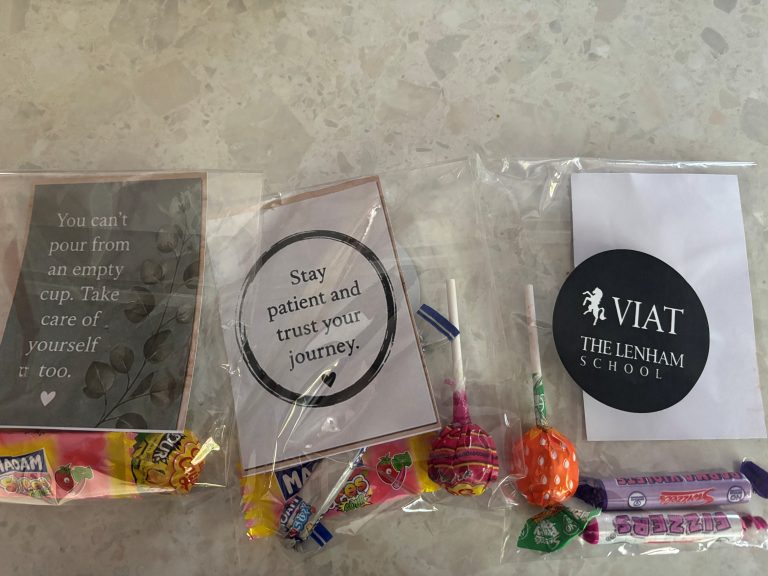 Treat bags from the Lenham school containing positive messages and a variety of chewy sweets.