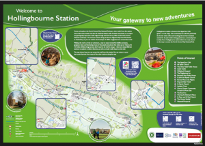 Artwork for an information panel Welcome to Hollingbourne Station. Map of a section of the North Downs Way and connecting routes between the trail and stations. Information on local places of interest