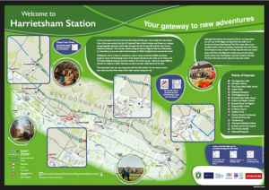 Artwork for an information panel Welcome to Harrietsham Station. Map of a section of the North Downs Way and connecting routes between the trail and stations. Information on local places of interest