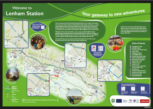 Artwork for an information panel Welcome to Lenham Station. Map of a section of the North Downs Way and connecting routes between the trail and stations. Information on local places of interest