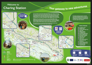 Artwork for an information panel Welcome to Charing Station. Map of a section of the North Downs Way and connecting routes between the trail and stations. Information on local places of interest