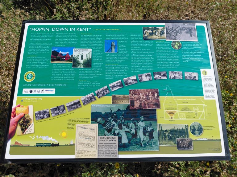 An information panel entitled "Hoppin' Down in Kent" with information about Hop Farming and Hop Picking
