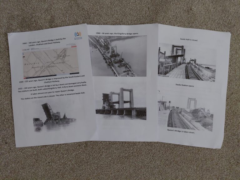 Three A4 sheets detailing the history of Kingsferry bridge. Images include a map, Queens Bridge, Kingsferry Bridge during construction and Swale Halt alongside Swale Station.