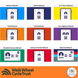 Icon images for nine different railcard types. An orange footer displays the logos of Walk Wheel Cycle Trust and Kent Community Rail Partnership.