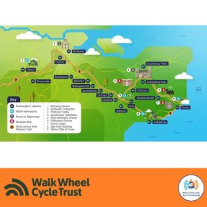 A map of the North Downs Way indicating stations in close proximity and key sites of interest. An orange footer displays the logos of Walk Wheel Cycle Trust and Kent Community Rail Partnership.