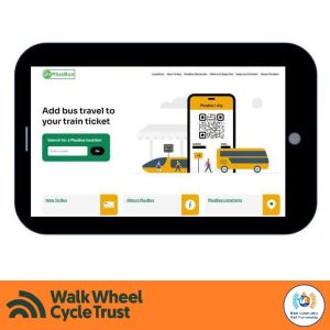 A tablet screen diaplaying information on PlusBus "Add bus travel to your train ticket". An orange footer displays the logos of Walk Wheel Cycle Trust and Kent Community Rail Partnership.