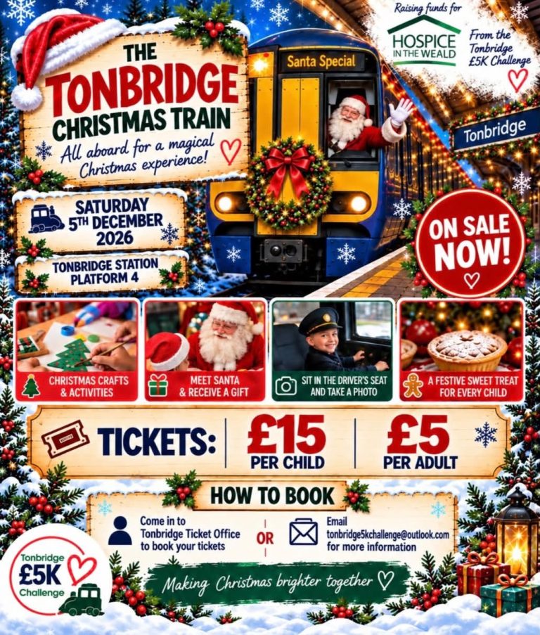Poster for "The Tonbridge Christmas Train - All aboard for a magical experience. AI generated images of Santa driving a class 375 train at Tonbridge station.Separate AI images show a child painting, a child talking to Santa, a child dressed in a train driver's uniform sitting at the drivers seat of a train, and a mince pie. Tockets £15 per child, £5 per adult. Raising funds for the Hospice in the Weald