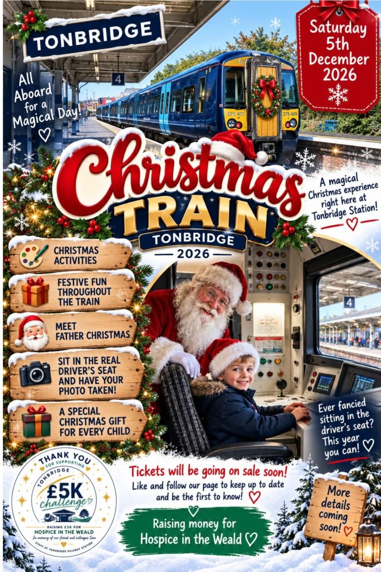 Poster for "Christmas Train Tonbridge 2026." AI generated image of a class 375 train at platform 4 of Tonbridge station. A separate AI image shows a child sitting in the drivers cab with Santa standing behing him.