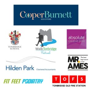 Walk Tondridge Festival Sponsor Logos. Cooper Burnett Solicitors, Tonbridge School, Walk Tonbridge Festival, Absolute Creative Print, Hilden park Chartered Accountants, MR AMES the best kept secret in tea, Fit Feet Podiatary, Tonbridge Old Fire Station.