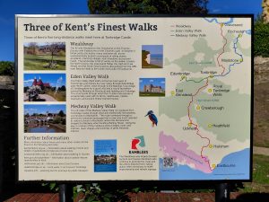 An information panel promoting "Three of Kent's Finest Walks". A map and information describe the Wealdway, Eden Valley Walk and Medway Valley Walk.