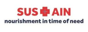 Logo for Sustain. The "t" in Sustain is shaped like a red cross. "Sustain, nourishment in time of need"