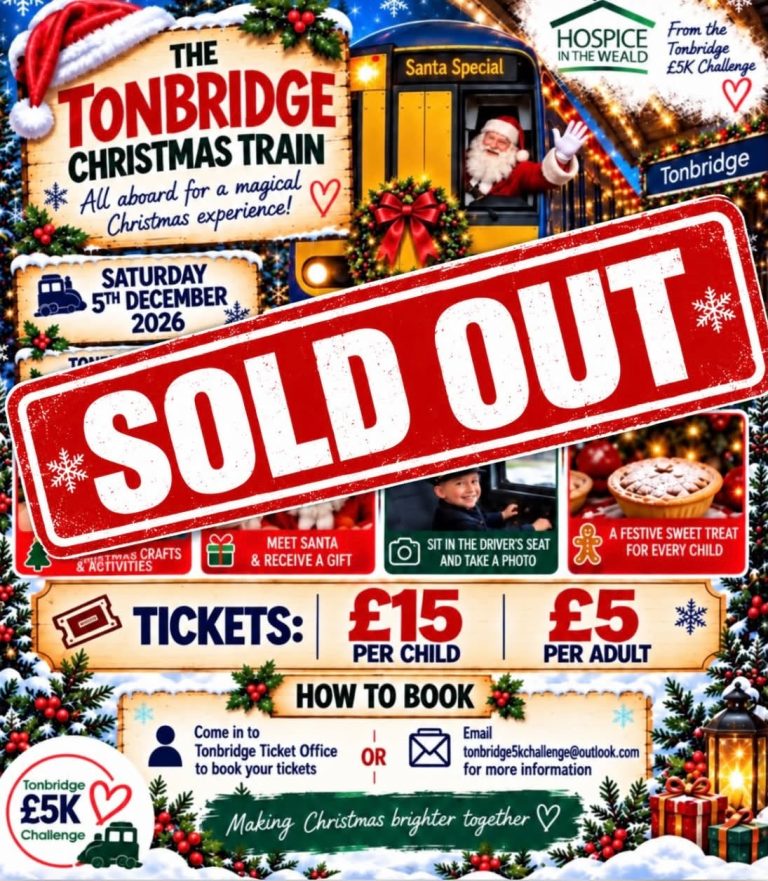 Poster for "The Tonbridge Christmas Train - All aboard for a magical experience. AI generated images of Santa driving a class 375 train at Tonbridge station.Separate AI images show a child painting, a child talking to Santa, a child dressed in a train driver's uniform sitting at the drivers seat of a train, and a mince pie. Tockets £15 per child, £5 per adult. Raising funds for the Hospice in the Weald. Banner across poster reads "Sold Out"