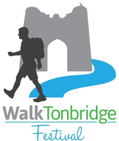Walk Tonbridge Logo. Silhouette images of Tonbridge Castle, a walker with a backback and a wavy blue line for the river Medway. "Walk Tonbridge Festival"